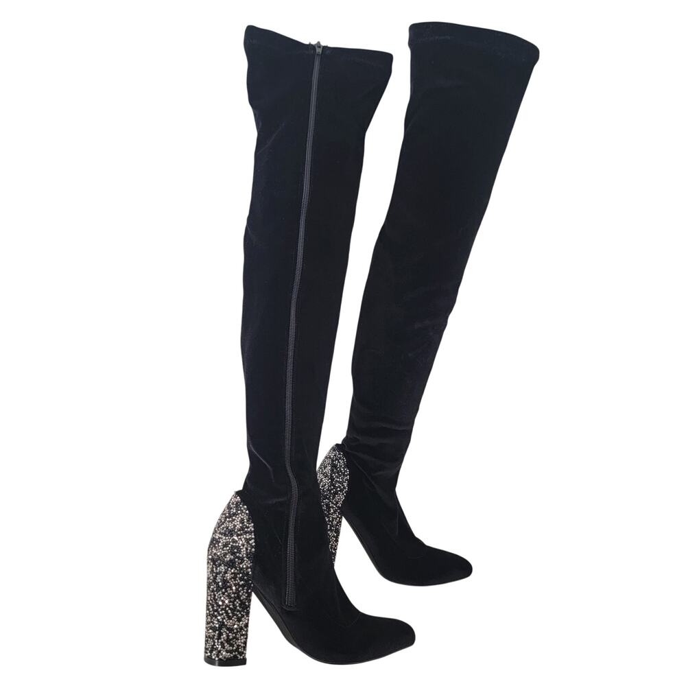 Over the‎ Knee Boot Zip Glittery Block Heel Velvet Sz 7 Whimsygoth Party Concert